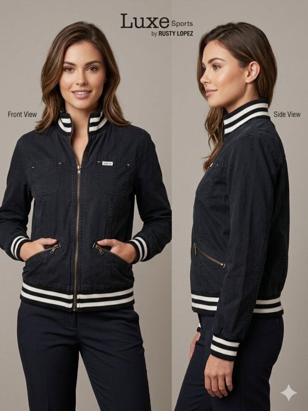 Rusty Lopez Luxe Bomber Black Denim Jacket Striped Trim - Size XL Fits Medium - Picture 1 of 6